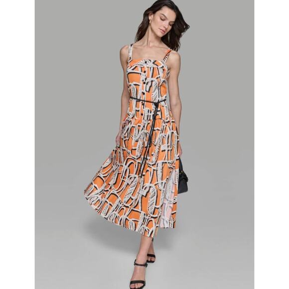 Karl Lagerfeld Paris Sleeveless Printed Square Neck Midi Dress Orange Size 12 - Picture 1 of 15